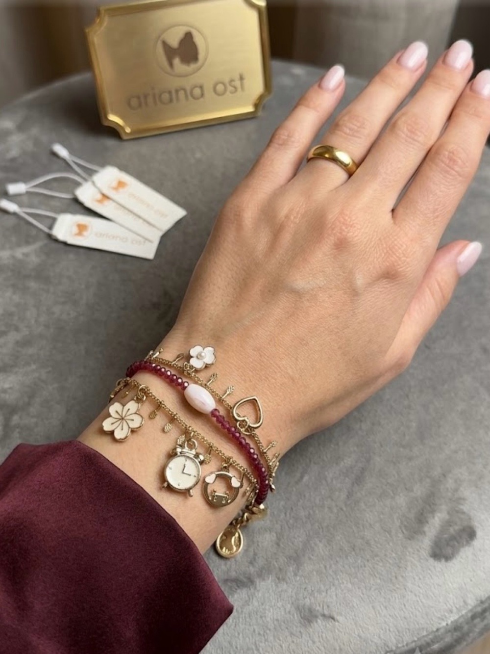 NWT Ariana Ost Gold and Burgundy Multi-Strand Charm Bracelet